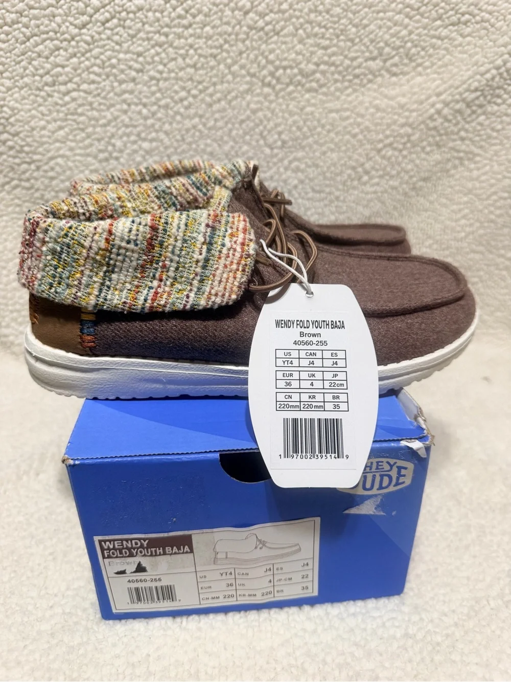 Hey Dude Wendy Fold Youth Shoes - Brown Upper with Multicolor Knit Cuff